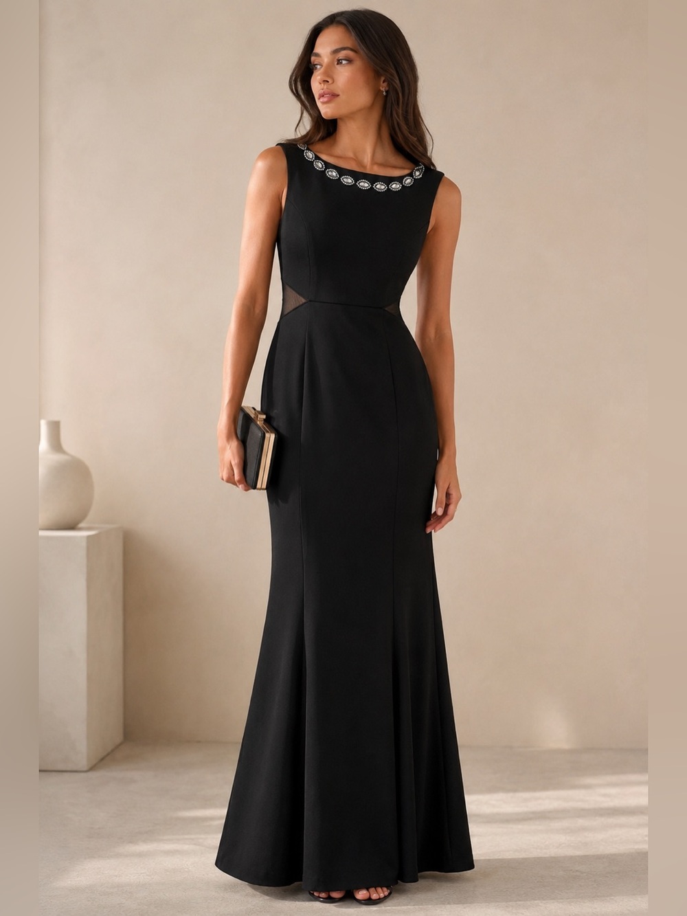 Connected Apparel Gemstone Neckline Evening Gown Size 6 Black Formal Maxi Dress